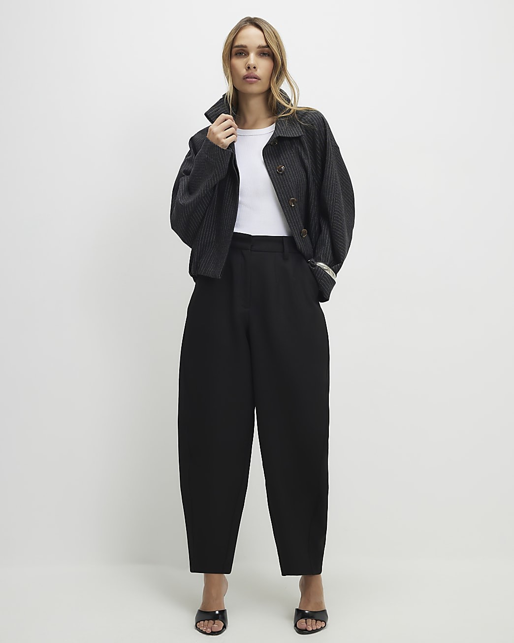 Black Barrel Leg Tailored Trousers | River Island UK & IE