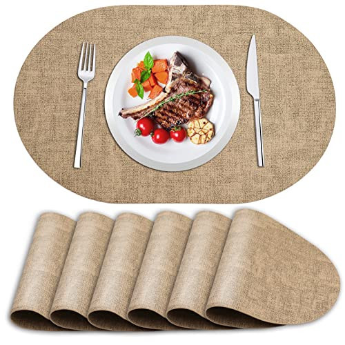 ANUNU Placemats Set of 6 - Double-Sided Faux Leather Design Oval Placemats for Dining Table Mats Heat Resistant Waterproof Wipeable Washable Non-Slip Kitchen Table Placemats (Set of 6, Camel) | Amazon (US)