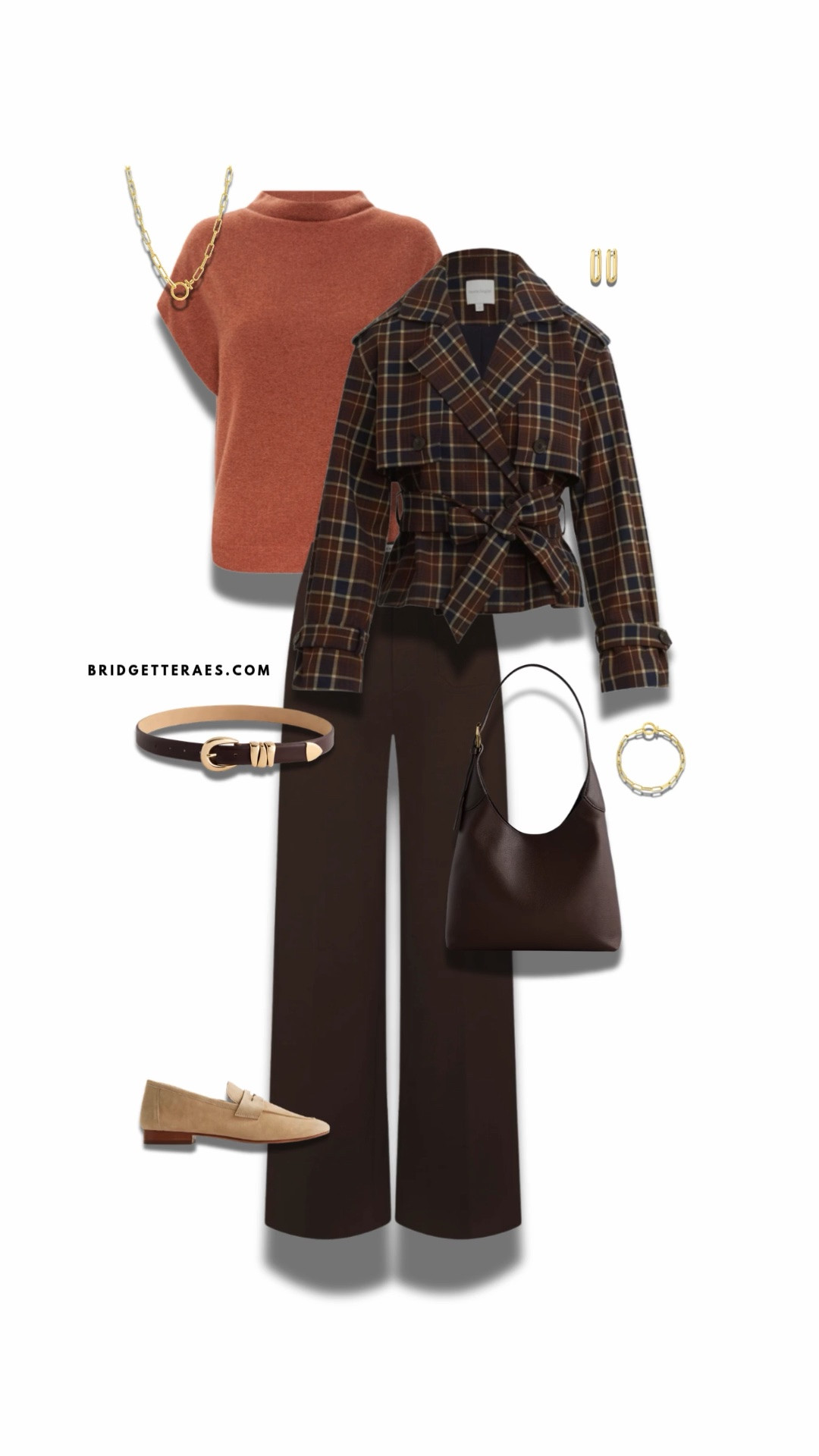 Rich autumnal tones give this look a confident, sophisticated presence while still feeling approachable for the workday. Chocolate brown wide-leg trousers create a polished foundation, paired with a warm rust knit and a cropped plaid jacket that brings structure, pattern, and visual interest without feeling overly formal. A slim brown belt and deep espresso tote keep the palette cohesive, while camel loafers lighten the look and make it practical for a full day on your feet. Mixed-metal jewelry adds a modern finishing touch, making this an ideal outfit for a day of meetings, office-to-client appointments, or any leadership setting where polished layers and personality can coexist.

#LTKgrwm #LTKootd #LTKWorkwear