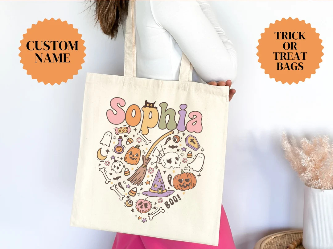 Custom Halloween Bag Trick or Treat Gift Bag Retro Tote Bag Personalized Halloween Gift Kid Not s... | Etsy (US)