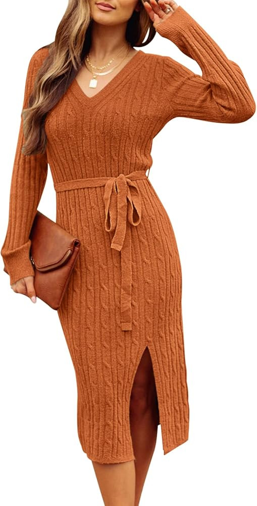 MEROKEETY Women's V Neck Cable Knit Sweater Dress Long Sleeve Bodycon Slit Pullover Midi Dress wi... | Amazon (US)