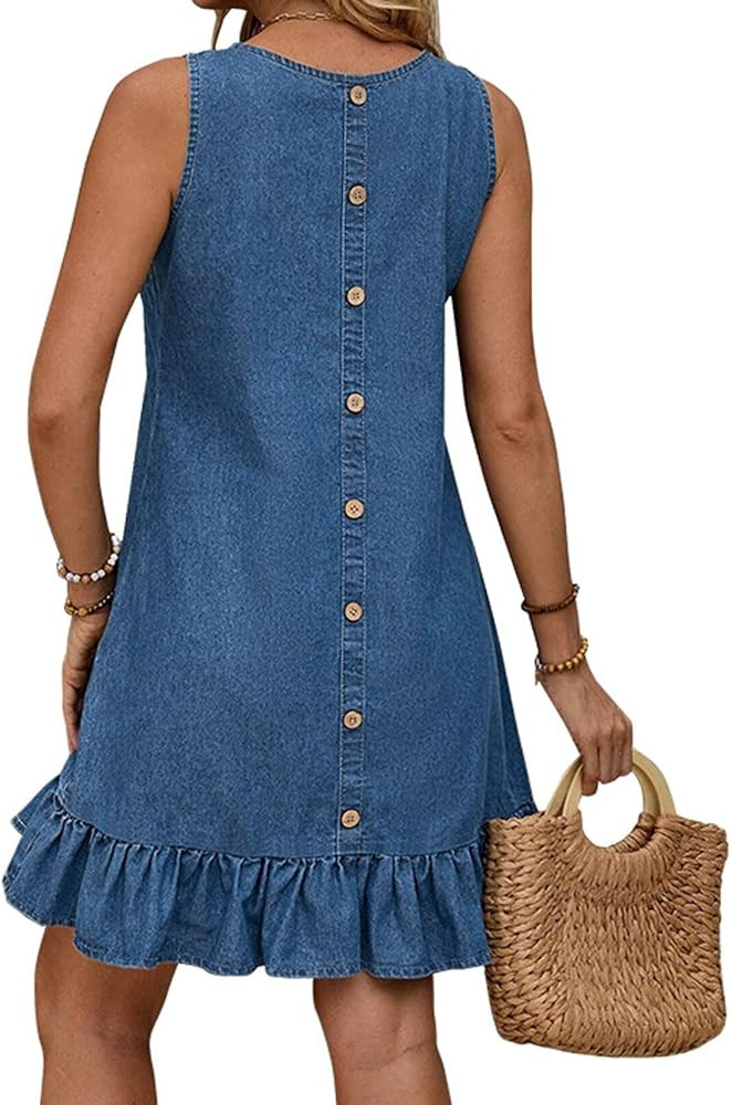 loveimgs Women Summer Sleeveless Tank Denim Mini Dress Jumper Ruffle Jean Shift Dress Chambray Tu... | Amazon (US)