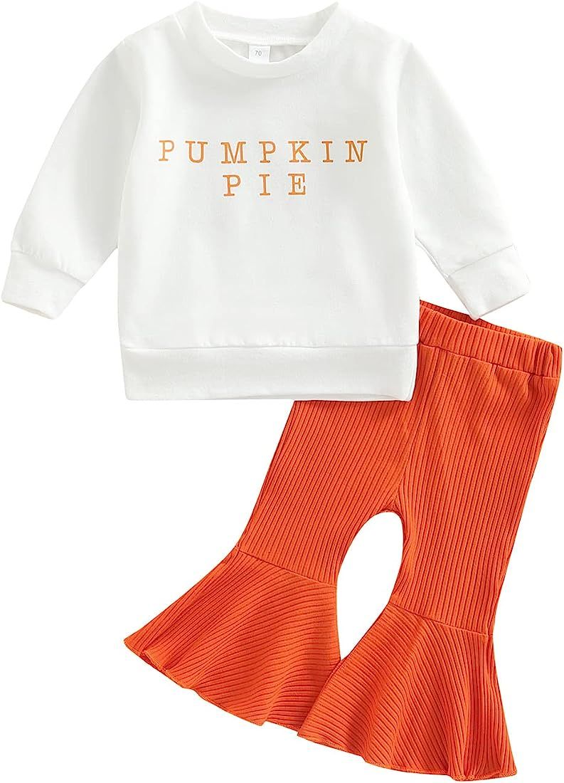 Toddler Baby Girl Pumpkin Sweatshirt Long Sleeve Shirts Top Solid Flare Bell Bottoms Pants Outfit Ha | Amazon (US)