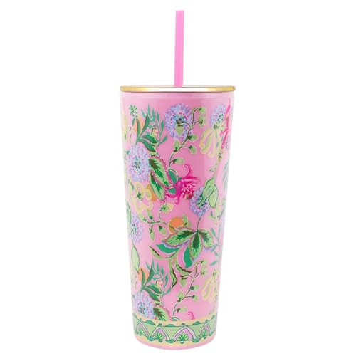 Lilly Pulitzer Double Wall Tumbler with Lid and Reusable Straw, Blue Plastic Cup, Insulated Travel Cup Holds 24 Ounces, Via Amore Spritzer | Amazon (US)