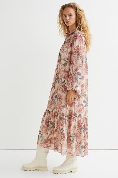 Long Chiffon Dress | Floral Dress | Dresses | Beige Dress | Winter Dress | Winter Outfit | HM Outfit | H&M (US + CA)