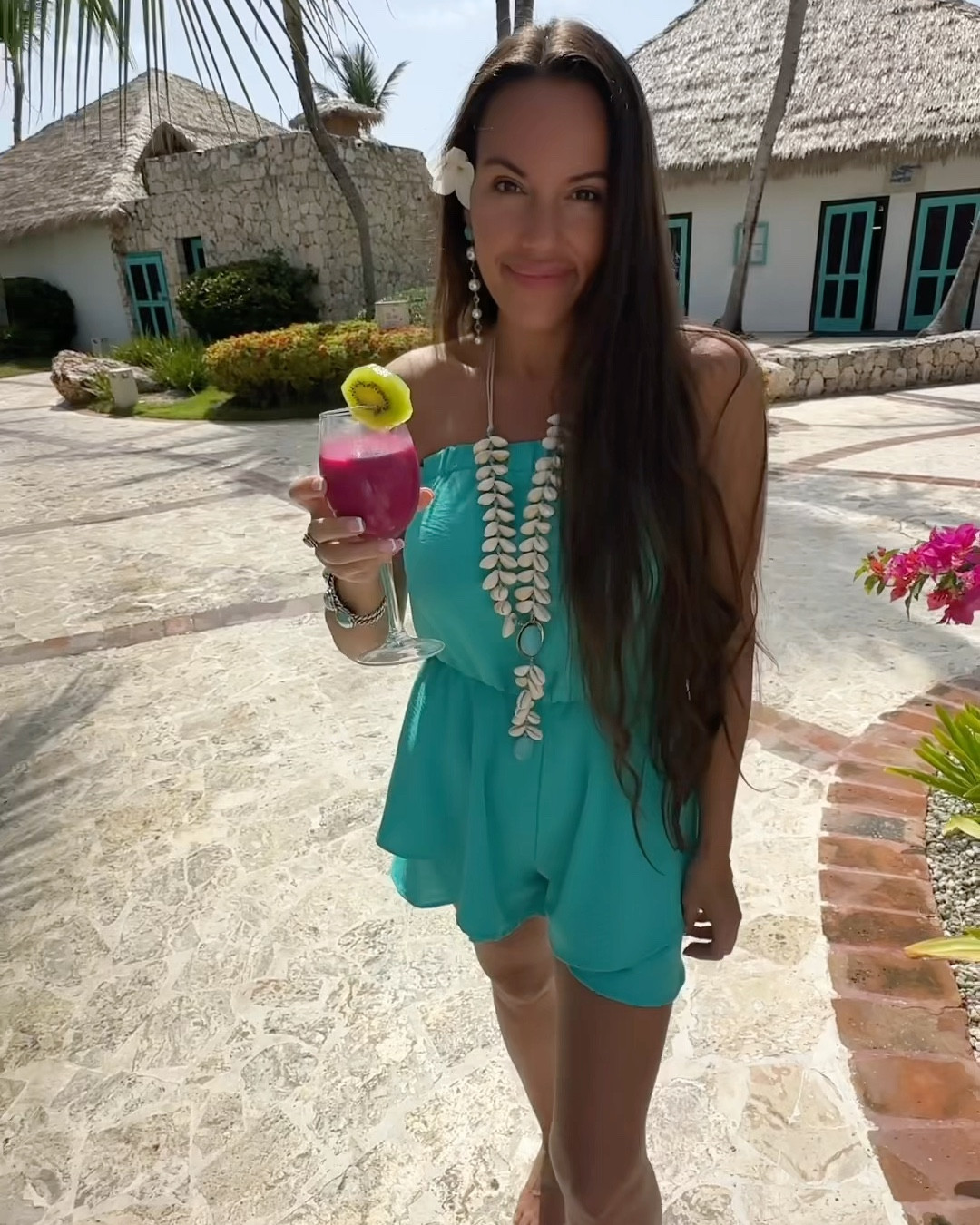 This turquoise jumper was a perfect pick for our 20th anniversary getaway, paired with a refreshing tropical dragonfruit, kiwi, mango smoothie! ☀️💕🌴

#LTKSwim #LTKVideo #LTKParties