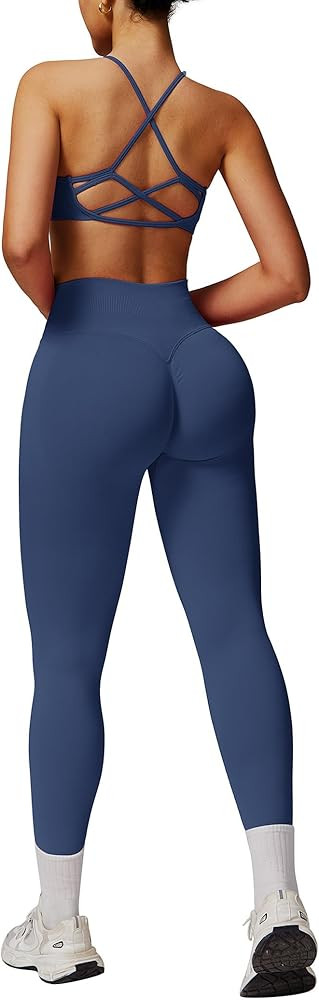 ABOCIW Workout Sets for Women 2 Piece Seamless HIgh Waist Scunch Butt Lifting Leggings Strappy Sp... | Amazon (US)