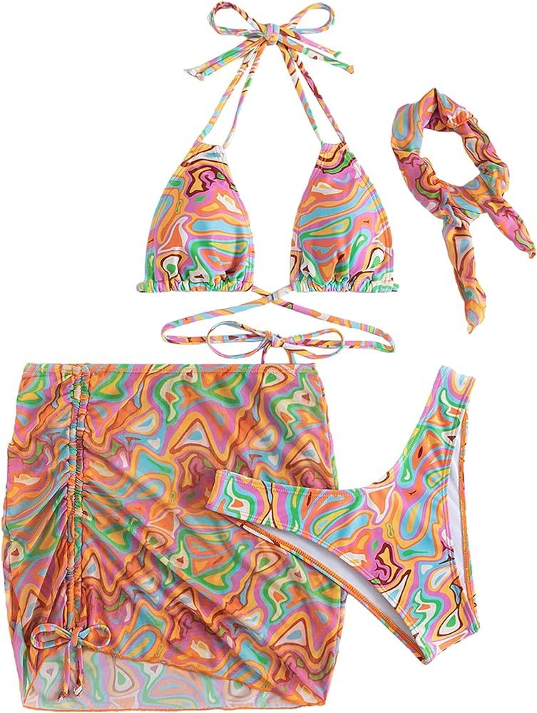MakeMeChic Women's 3 Piece Halter Tie Side Bikini Set Swimsuit with Swim Beach Cover Up Skirt | Amazon (US)