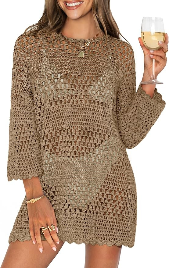 ANRABESS Women 3/4 Sleeve Swimsuit Cover Up 2026 Summer Beach Vacation Clothes Crochet Knit Bathi... | Amazon (US)