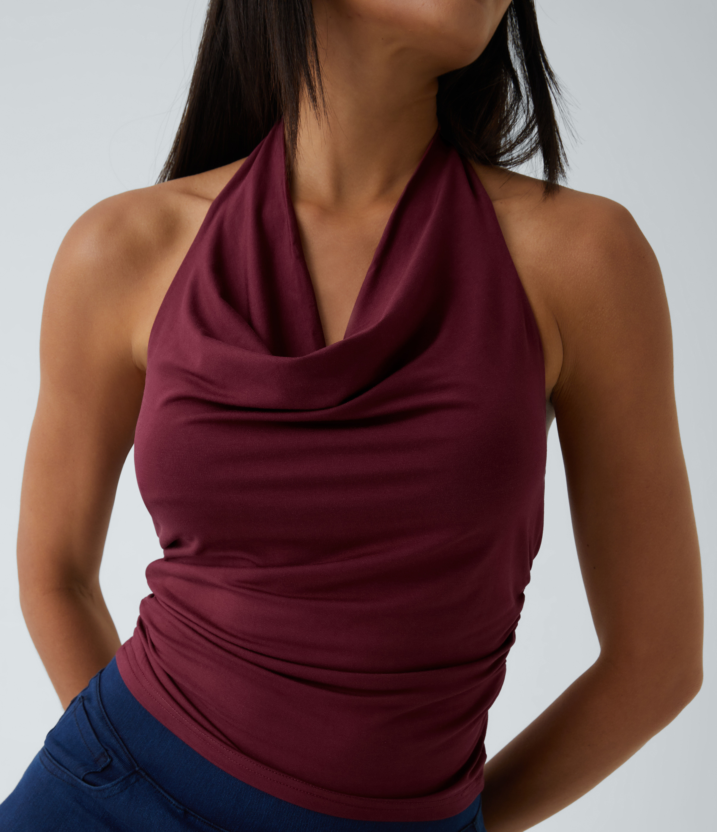 Halara Halter Cowl Neck Ruched Casual Tank Top - New Maroon - M golf tops halter top tunic tops sleeveless tops backless top | HALARA