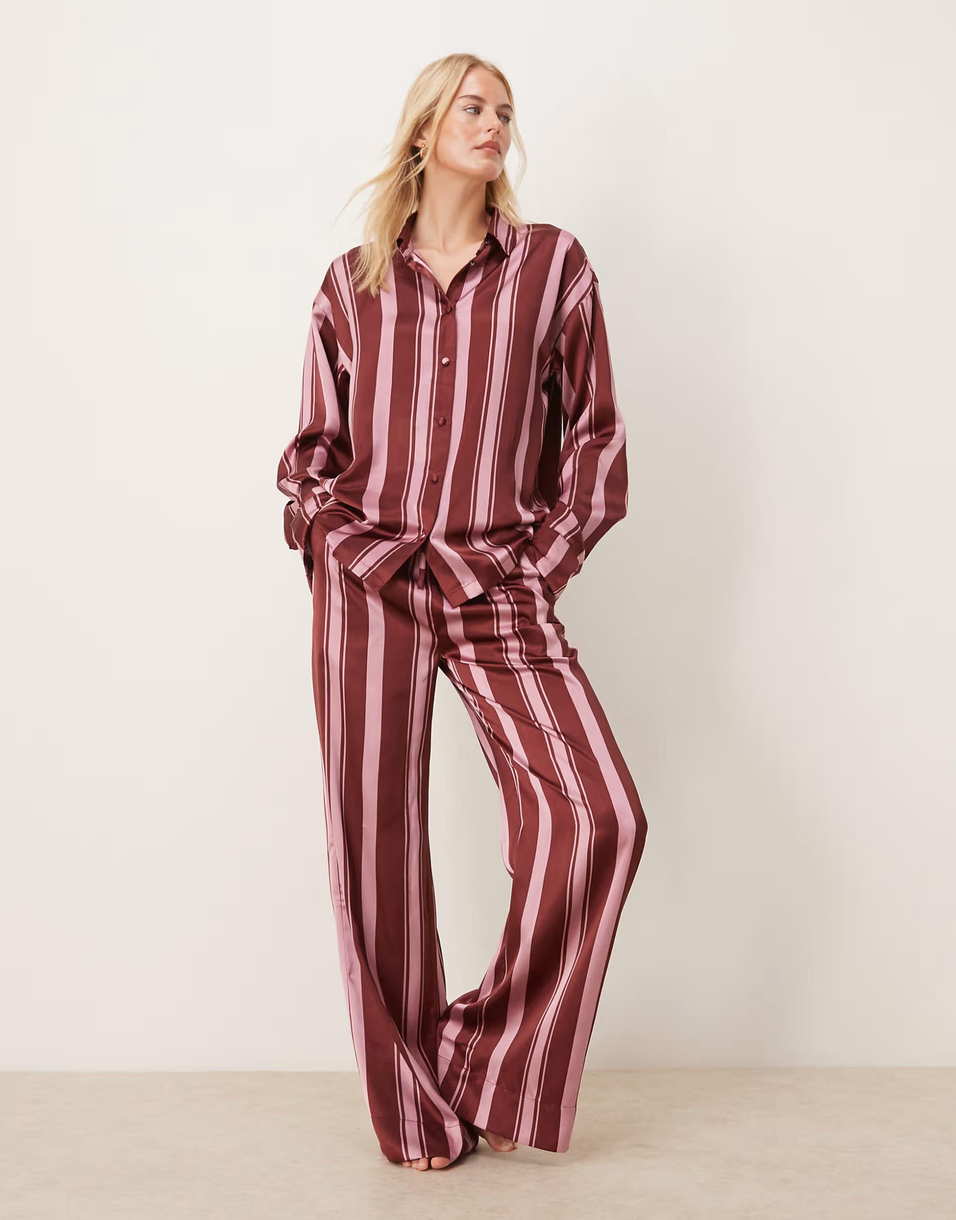 ASOS DESIGN Tall oversized satin striped shirt and pants pajama set in burgundy stripe | ASOS (Global)