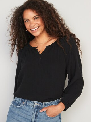 Shirred Double-Weave Long-Sleeve Blouse for Women | Old Navy (US)