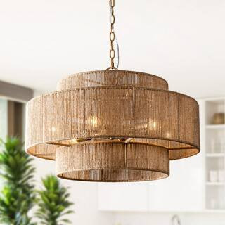 Flint Garden Farmhouse 6-Light Gold 2-Tiered Chandelier with Woven Rope Shade for Living Room Bed... | The Home Depot