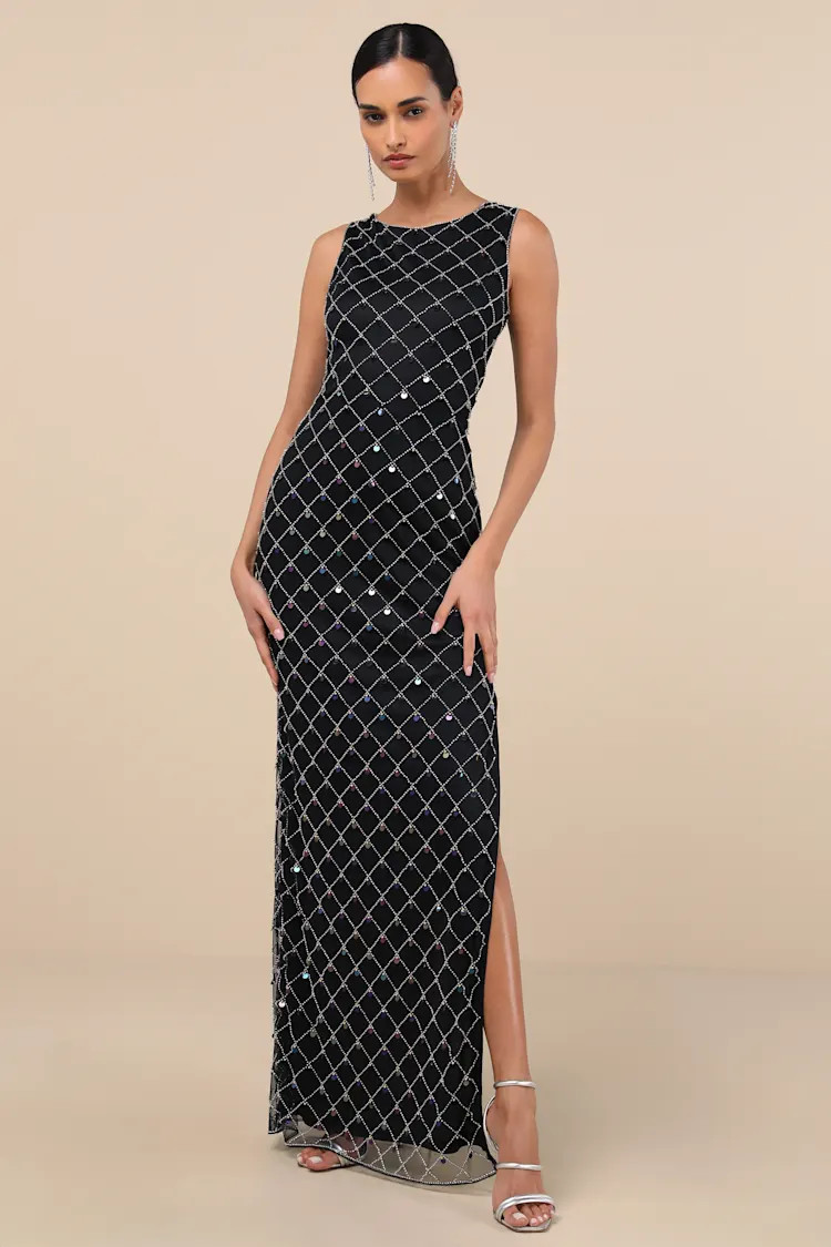 Gallio Black Beaded Sequin Sleeveless Column Maxi Dress | Lulus