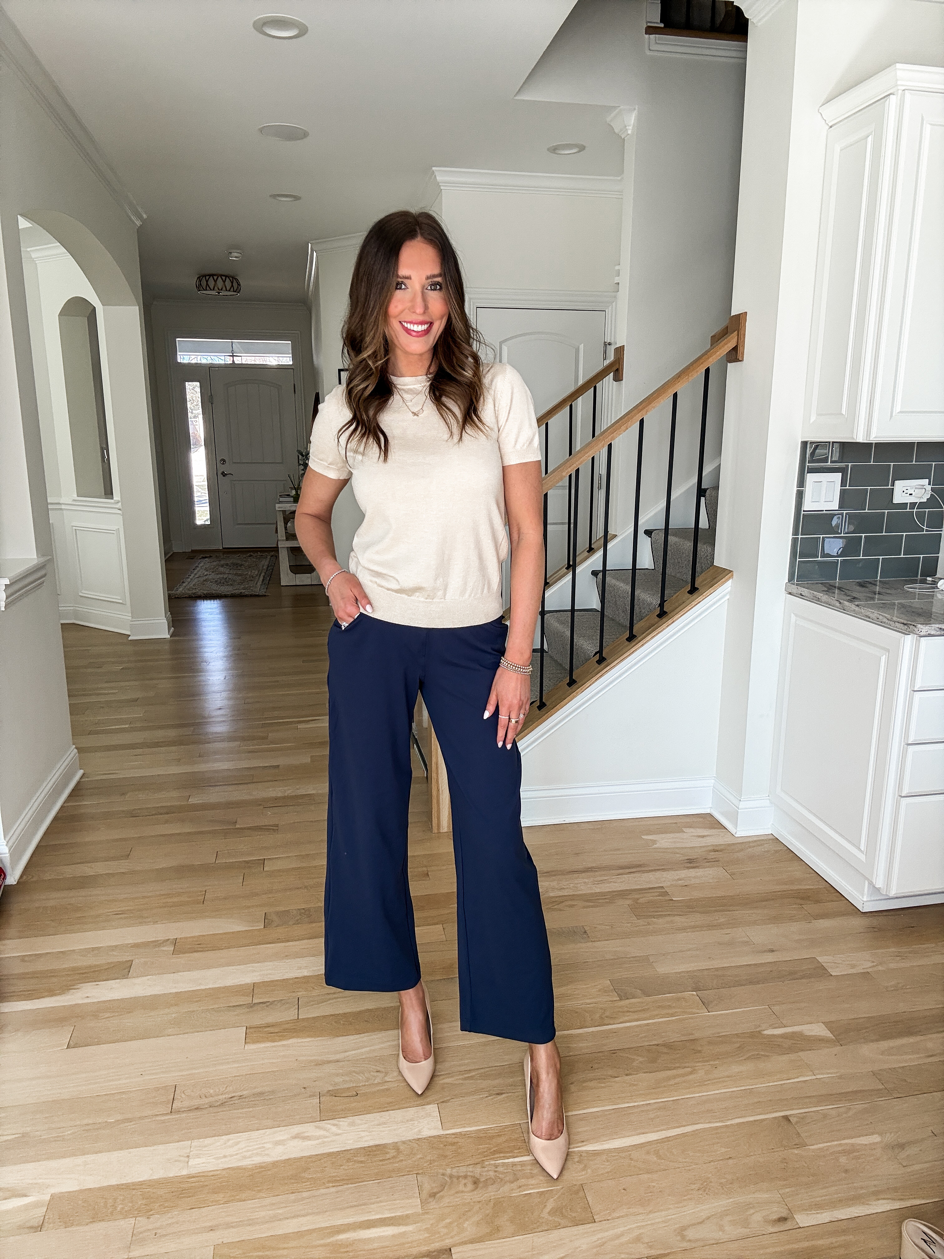 Love these wide leg pants for everyday but you can also dress them up for the office! And this short sleeve knit top is so soft and comfortable // wearing a small in the top and pant. The pants come in length options - I'm wearing the longest inseam. 

 #LTKootd #LTKmomlife #LTKSaleAlert