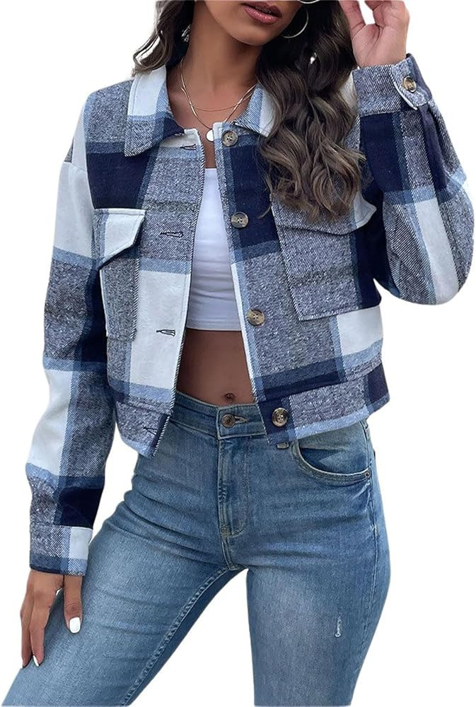 utcoco Womens Cropped Plaid Shacket Jacket Button Down Long Sleeve Flannel Shirts 2024 Fall Coat ... | Amazon (US)