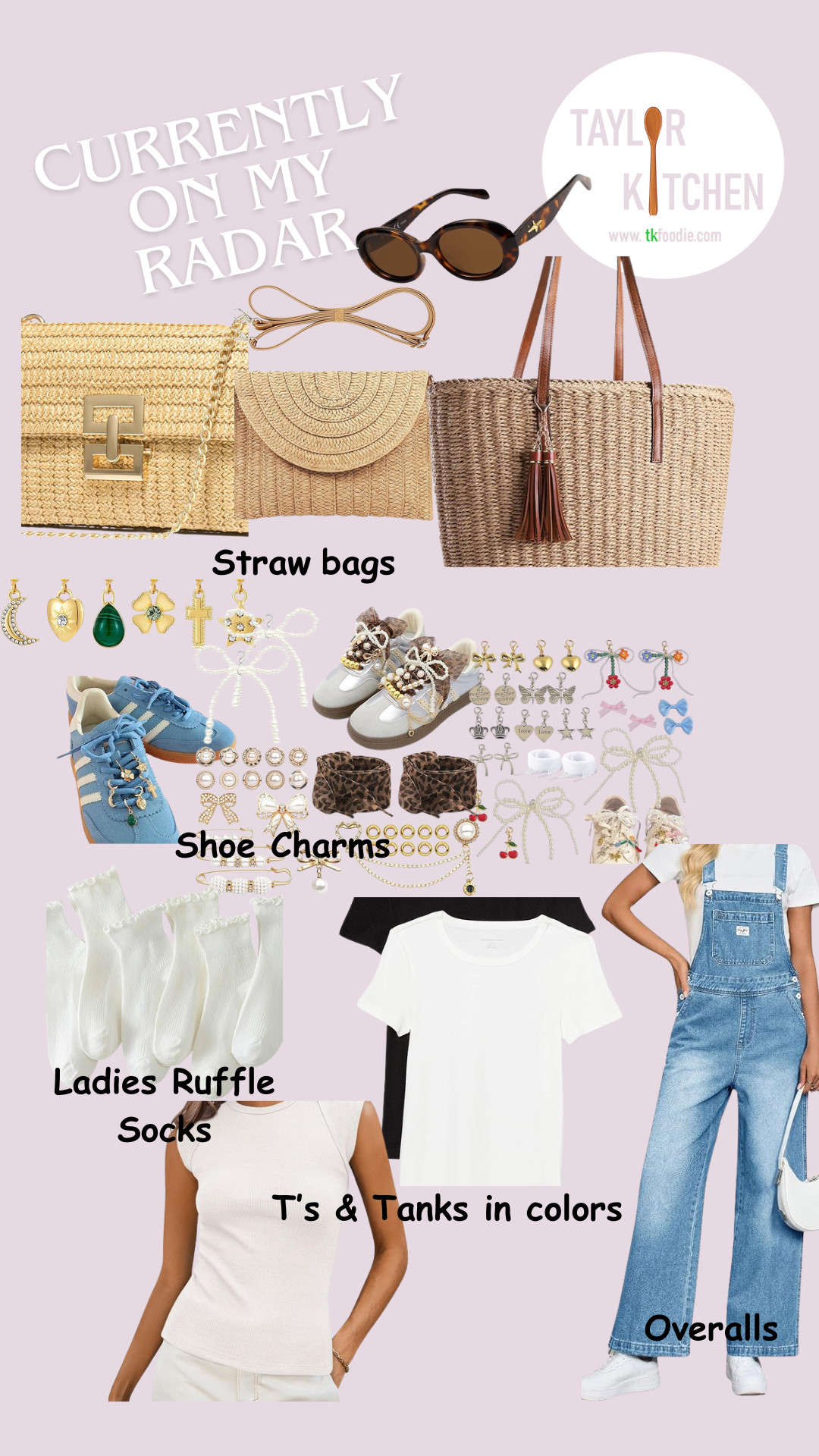 Awesome things currently on my radar (a.k.a wish list).  😉 Loving the straw bag look for spring & summer.
Also shoe charms?  I think I can definitely get them with a little shoe charm craft party with the grand girls.
Also...ladies ruffly socks.  Ok now.  I think I'm in.😉. 
And you can't go wrong with a variety of colored tanks & Ts for #spring and #summer, especially when paired with a comfy pair of overalls. 👍 

 #LTKSeasonal #LTKOver40