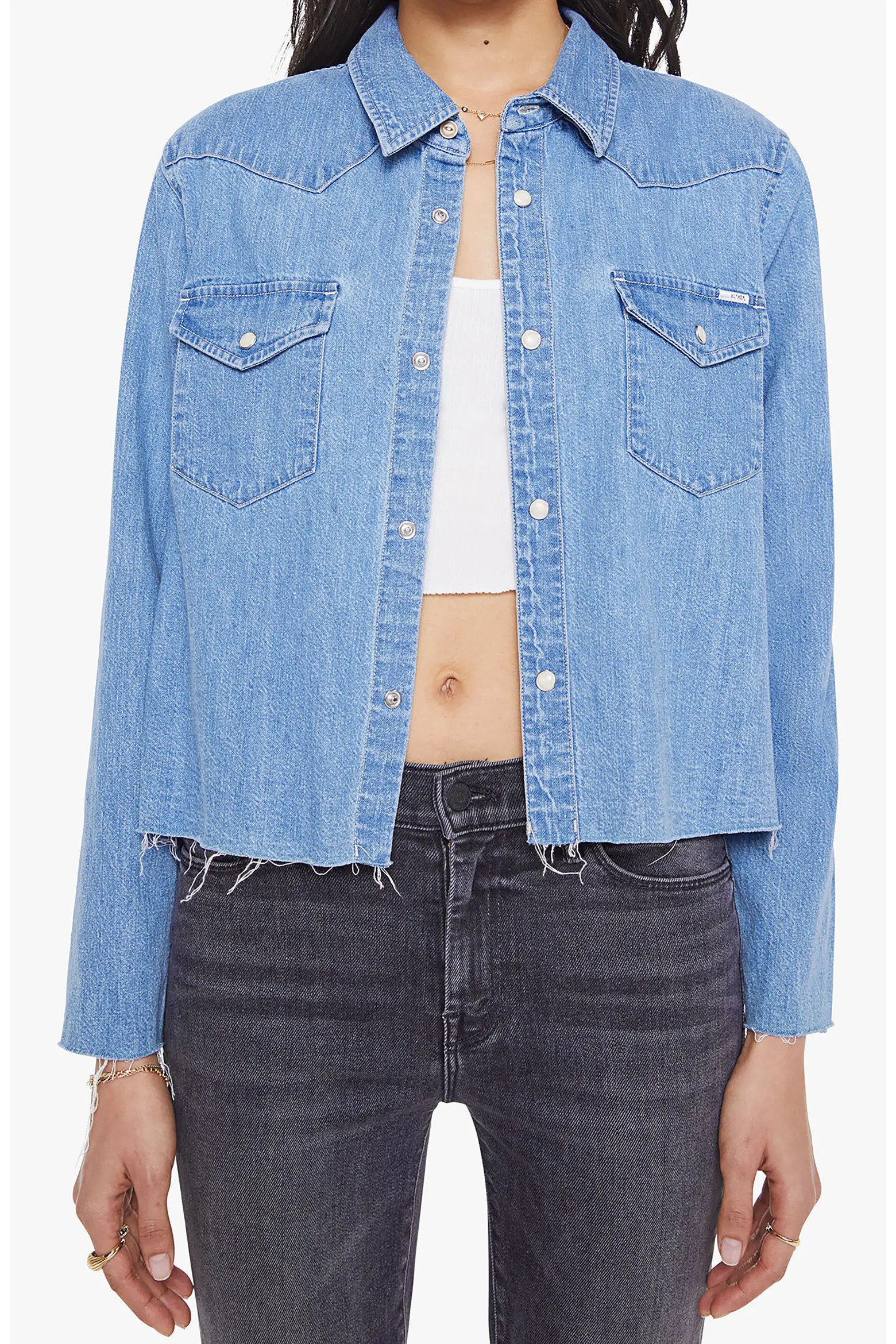 The Super Exes Frayed Step Hem Crop Snap-Up Denim Shirt (Women) | Nordstrom | Nordstrom