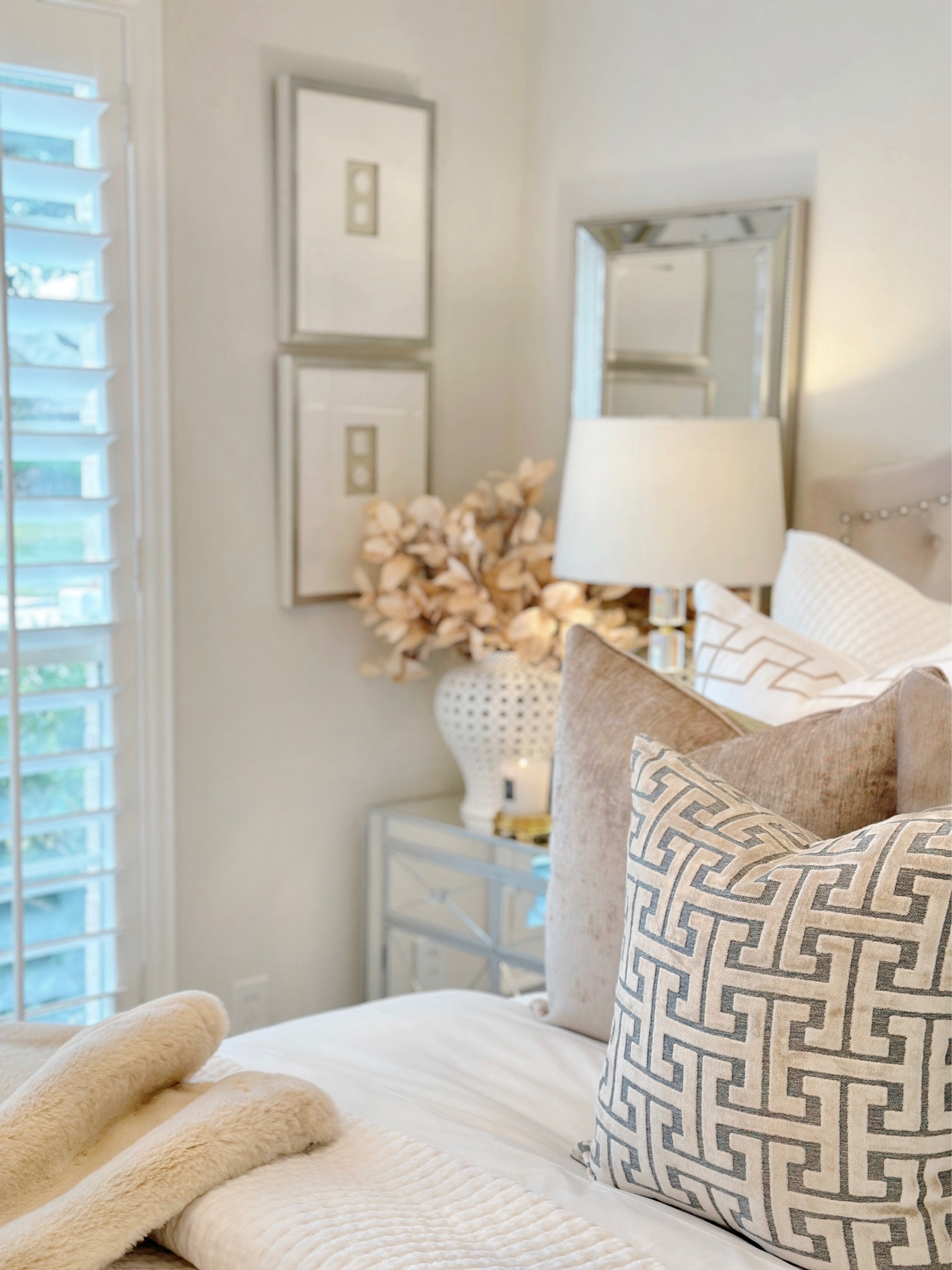Fall bedroom styling, guest room, neutral decor, taupe pillows, Greek key pillow, velvet pillows, velvet quilt, white bedding, glam Bedroom transitional decor 

#LTKunder100 #LTKhome #LTKHoliday
