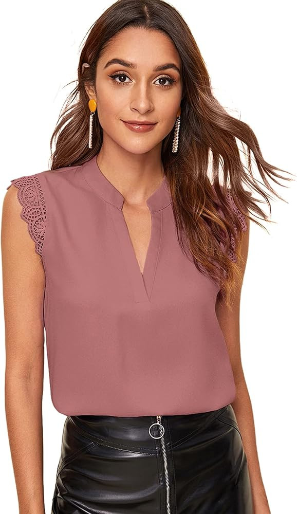 Milumia Women's Elegant Notch V Neck Sleeveless Blouse Guipure Lace Work Office Solid Top | Amazon (US)