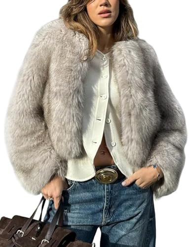 Wyeysyt Womens Faux Fur Cropped Coat Fluffy Faux Fur Jacket Long Sleeve Open Front Winter Warm Jacket(Grey-M) | Amazon (US)