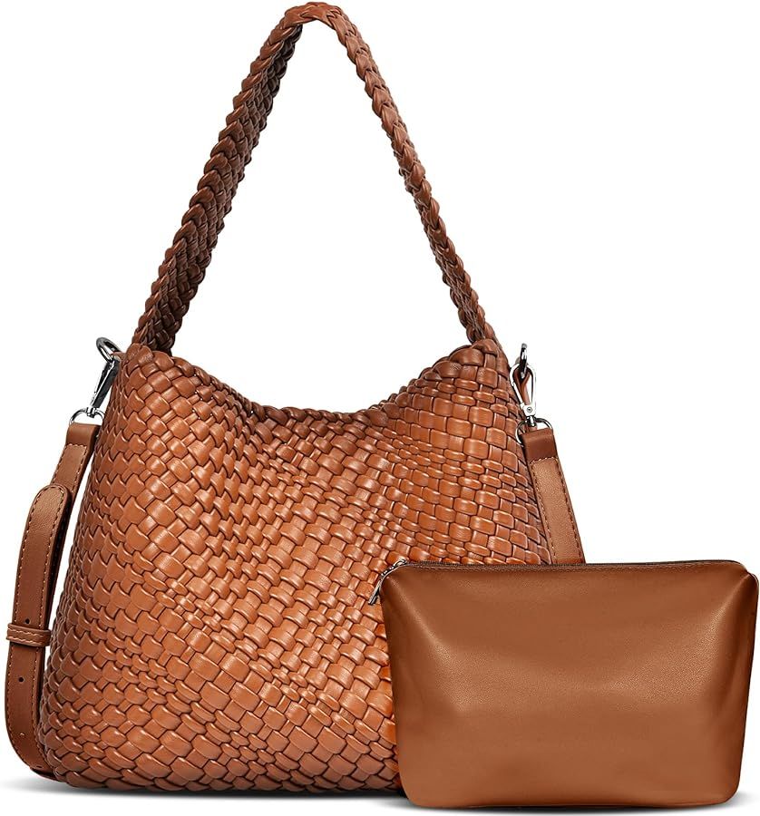 Woven Bag for Women, Vegan Leather Tote Bag Retro Handbag, Handmade Large Shoulder Bags Crossbody... | Amazon (US)