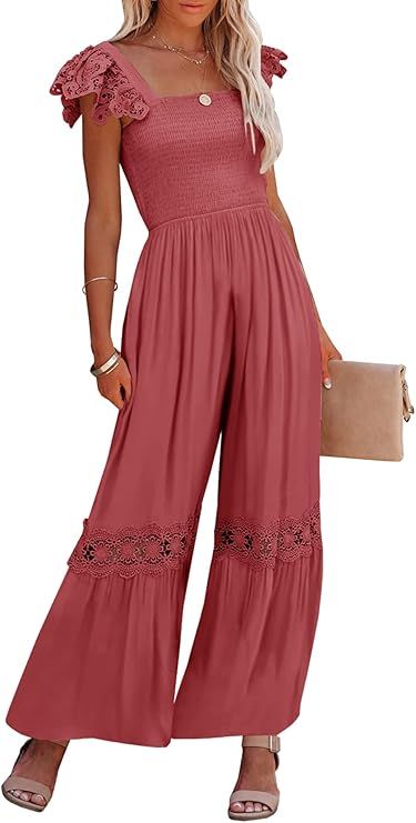 FERLEMA Womens Casual Loose Ruffle Lace Straps High Waist Wide Leg Jumpsuits Summer Sleeveless Ro... | Amazon (US)