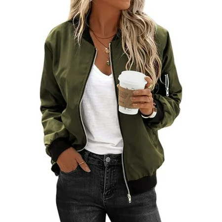 Fanient Women's Cropped Bomber Jacket Lightweight Casual Zip up Outerwear Long Sleeve Windbreaker with Pockets | Walmart (US)