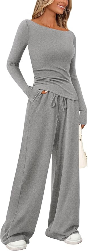 PRETTYGARDEN Women's 2 Piece Lounge Sets Asymmetrical Long Sleeve T Shirt Wide Leg Pants Casual O... | Amazon (US)