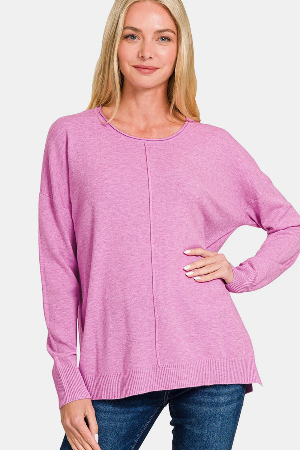 Zenana Front Seam Round Neck Sweater Moonlit Mauve / S | Casual Chic Boutique