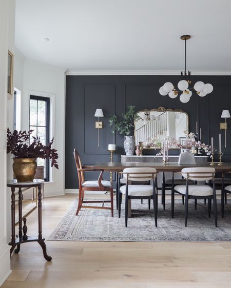 Formal dining room decor

dining chairs, dining table, rug, Arhaus, Crate & Barrel, Loloi, wall mirror, fluted buffet, faux floral stems, sconces, chandelier, light fixture

#LTKstyletip #LTKhome #LTKsalealert