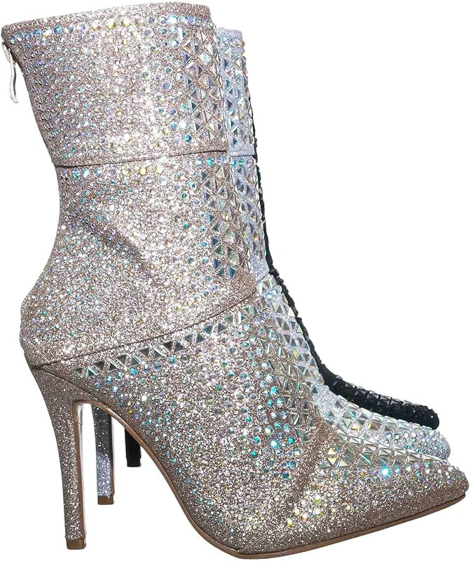Rhinestone Studded Stiletto Bootie- Womens Crystal Ankle Height Boot | Amazon (US)