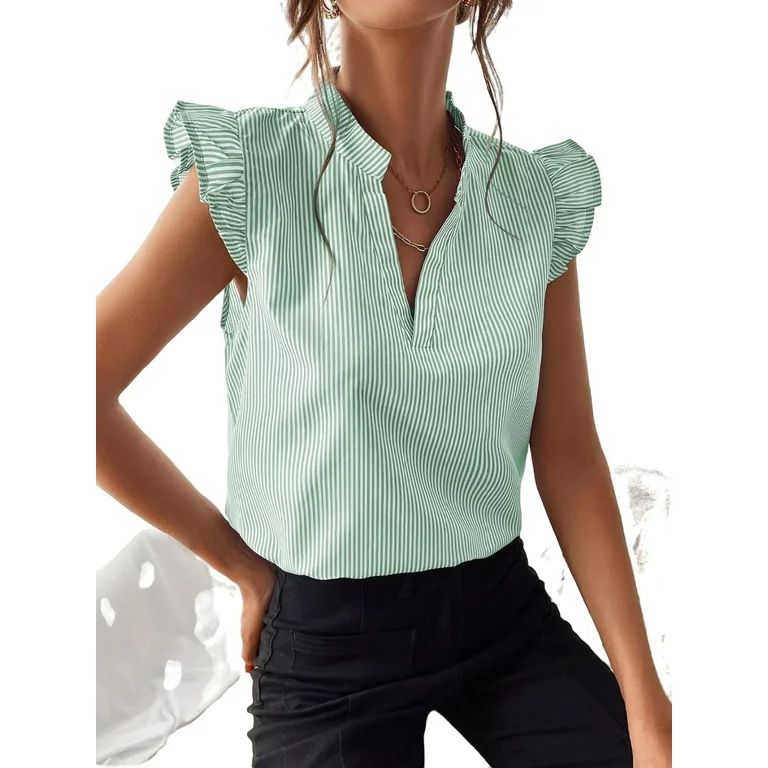 Mint Green Cute Striped Top Notched Ruffle Women's Blouses | Walmart (US)