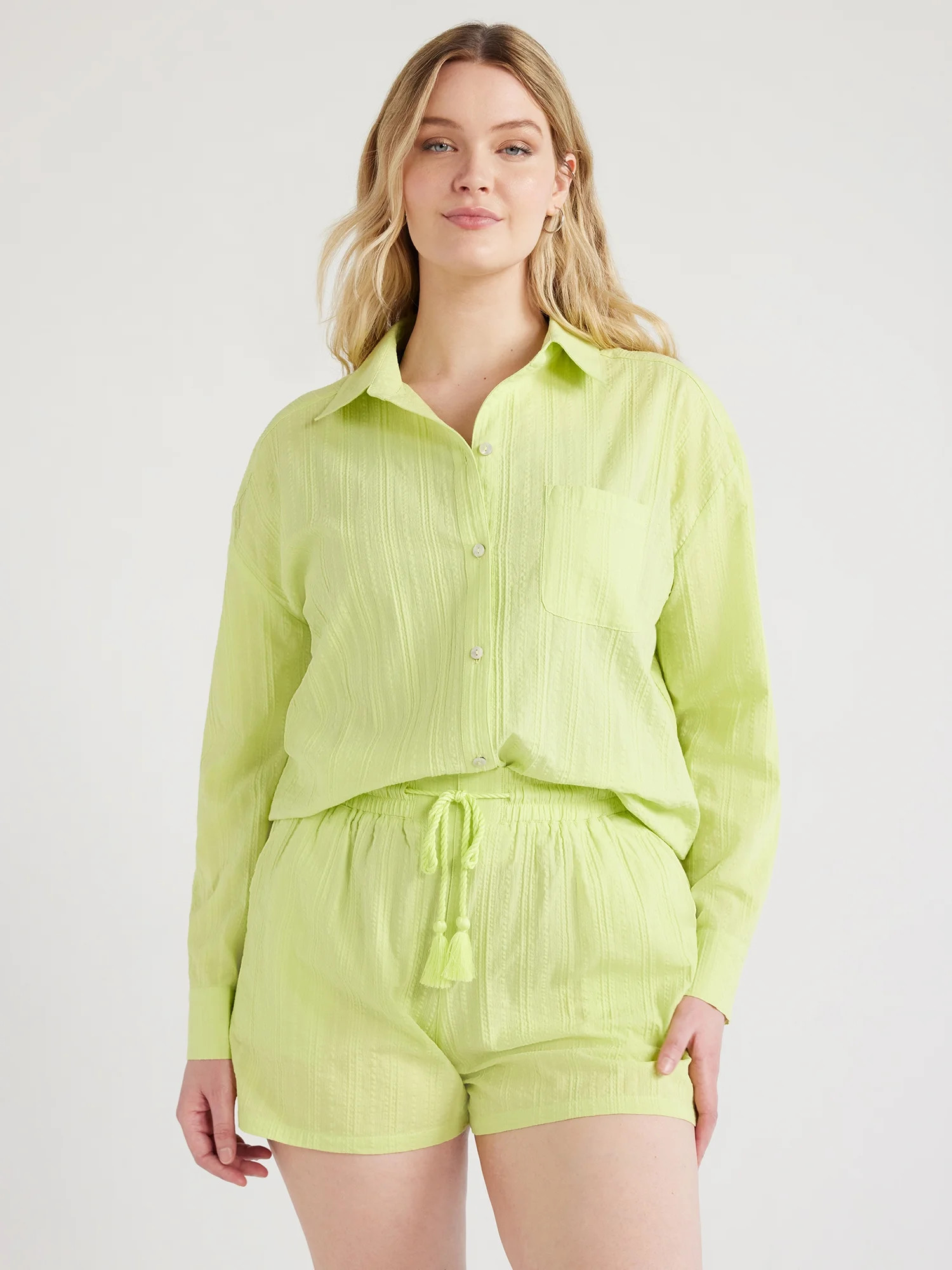 Time and Tru Women's and Women's Plus Cotton Button Front Coverup Shirt, Sizes XS-3X | Walmart (US)