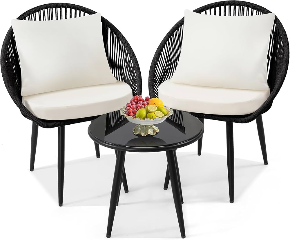 3 Pieces Bistro Set, Woven Rope Chair with Cushions, All Weather Patio Conversation Set and Side ... | Amazon (US)