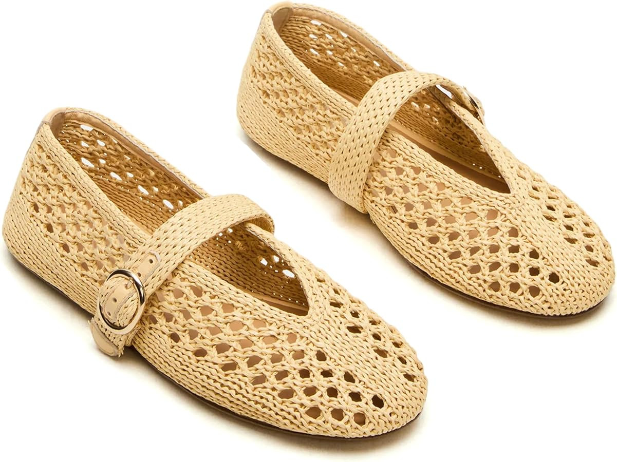 Woven Mesh Ballet Flats for Women with Metal Buckle Strap Mesh Raffia Flats Round Toe Mary Janes ... | Amazon (US)