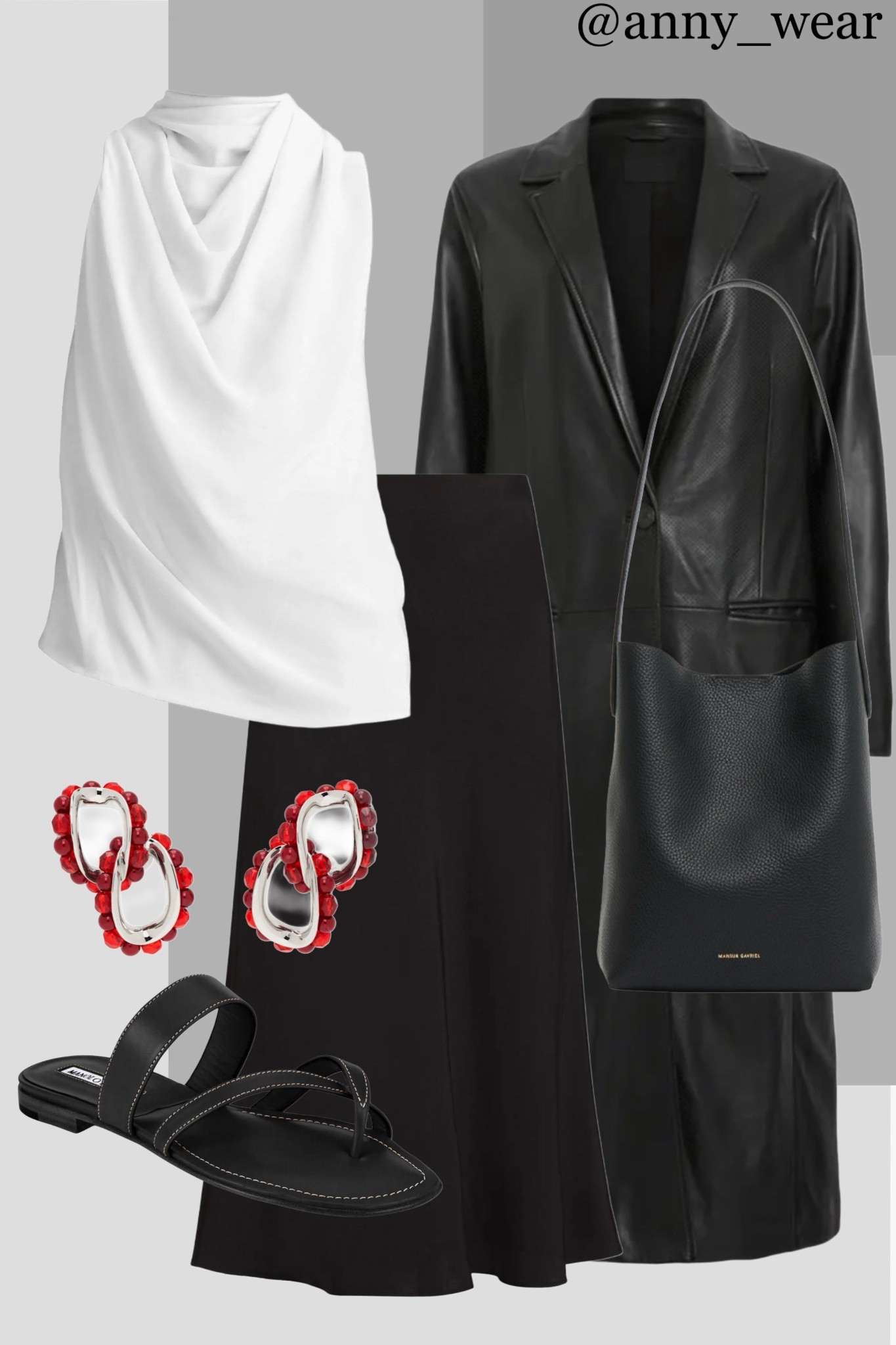 Quiet luxury is a mood.
Mastering the art of understated elegance with this timeless monochrome look. A pristine white top, the perfect black trench (a forever staple), and a graceful midi skirt for that effortless silhouette. The flat sandals keep it modern and comfortable, while a pop of red in the earrings is that subtle, intentional detail The Row is known for. The ultimate capsule outfit for the modern minimalist.

White top
Black midi skirt 
Black leather coat
Red statement earrings 
Black leather sandals 
Black bucket bag
Draped Top
A Line skirt
Slip Midi-Skirt
Leather Coat
Transitioning from summer into fall Mango outfits sunday brunch going out outfits photoshoot outfits dinner date outfit ssense work party outfit zara outfits paris outfit casual wardrobe europe outfits saks 5th avenue new york outfits city street styles new york city ltku over 40 capsule wardrobe popular today summer looks city outfits Abercrombie outfits casual spring outfit classy casual everyday necklace #LTKstyletip #LTKbeauty #LTKU #LTKshoecrush #LTKitbag 

#LTKFindsUnder100 #LTKSaleAlert #LTKWorkwear