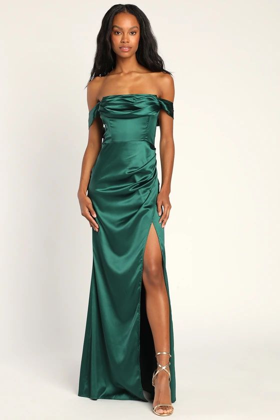Romance Me Emerald Green Satin Off-the-Shoulder Maxi Dress | Lulus (US)