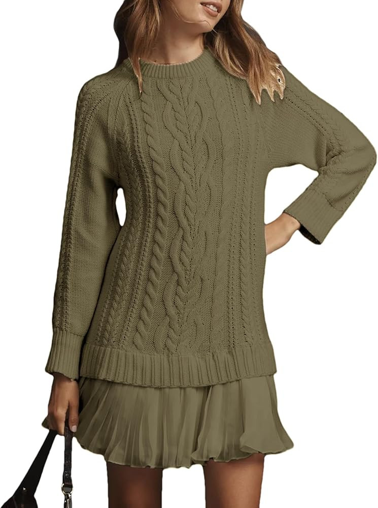 Womens Sweater Dress Twofer Cable Knit Long Sleeve Crew Neck Knitted Pullover Patchwork Pleated M... | Amazon (US)