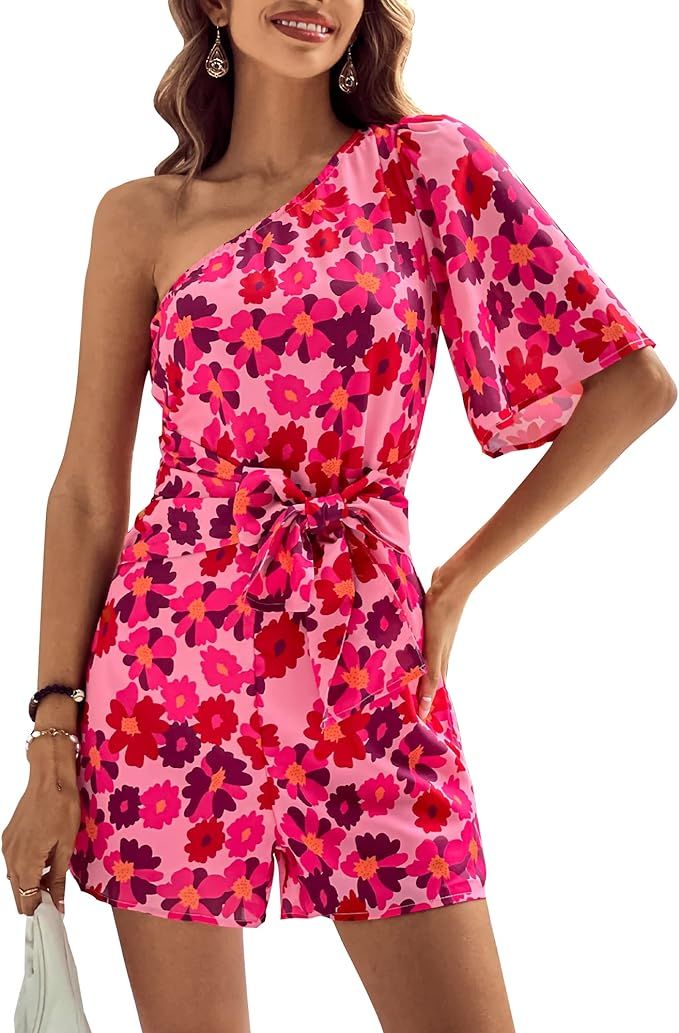 BTFBM Women's 2023 Summer One Shoulder Romper Short Sleeve Boho Floral Print Tie Waist Party Beac... | Amazon (US)