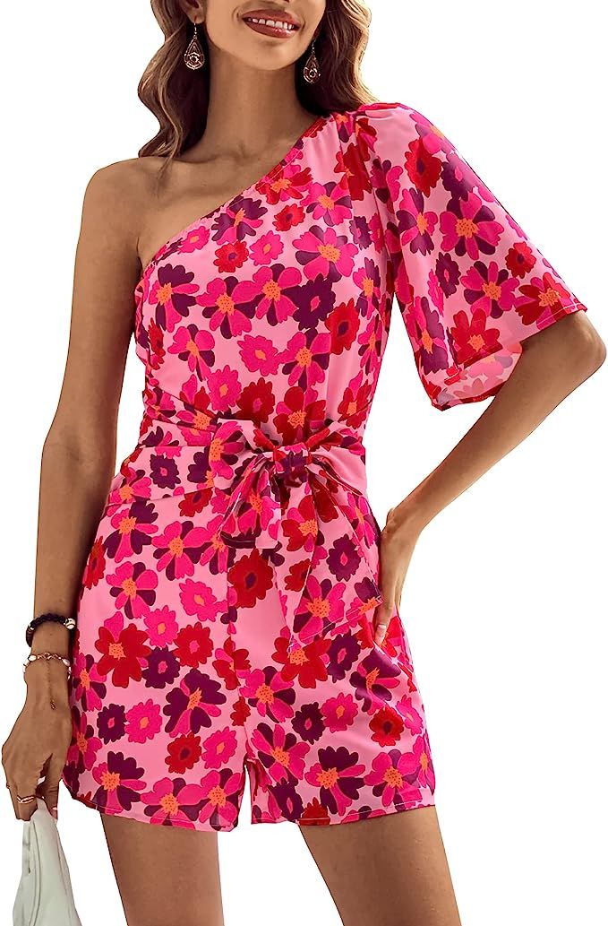 BTFBM Women's 2023 Summer One Shoulder Romper Short Sleeve Boho Floral Print Tie Waist Party Beac... | Amazon (US)