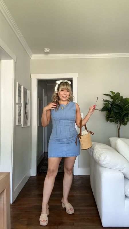 Summer outfit - love this amazon denim mini dress (wearing a size medium) and straw sandals with some really chic accessories for the perfect lunch date outfit 

#LTKSeasonal #LTKStyleTip #LTKFindsUnder50
