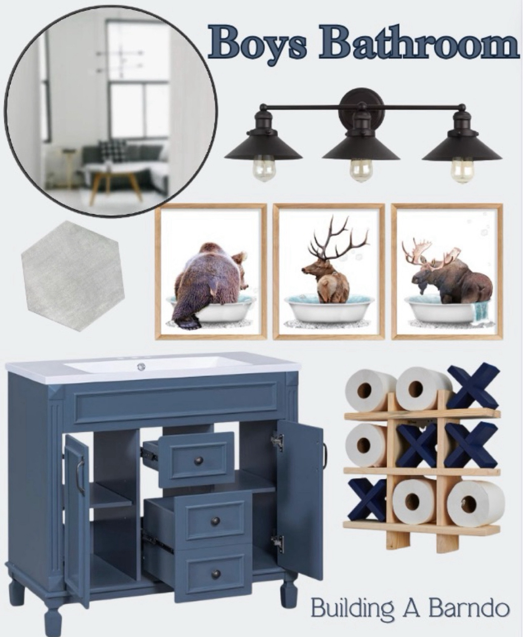 Wilderness Boys Bathroom 🫎🐻🦌 

Wilderness themed bathroom, moose, deer, bear, mountains, blue cabinet, bathroom, round mirror, farmhouse light, hexagon tile, sink, bathroom decor 

#LTKhome