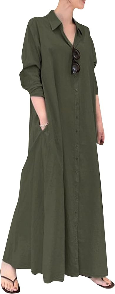 YMING Womens Cotton and Linen Shirt Dress Casual Loose Blouse Dress Solid Color Maxi Dresses Plus... | Amazon (US)