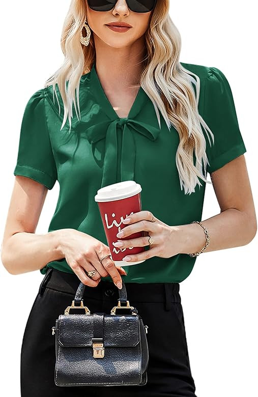 ACEVOG Womens Blouse Short Sleeve Chiffon Shirts Bow Tie Neck Business Tops Breathable Summer Shirts | Amazon (US)
