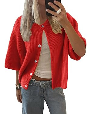 Women Y2k Knitted Crop Cardigan Short Sleeve Button Up Rib Knit Solid Color Cute Sweater Shirt | Amazon (US)
