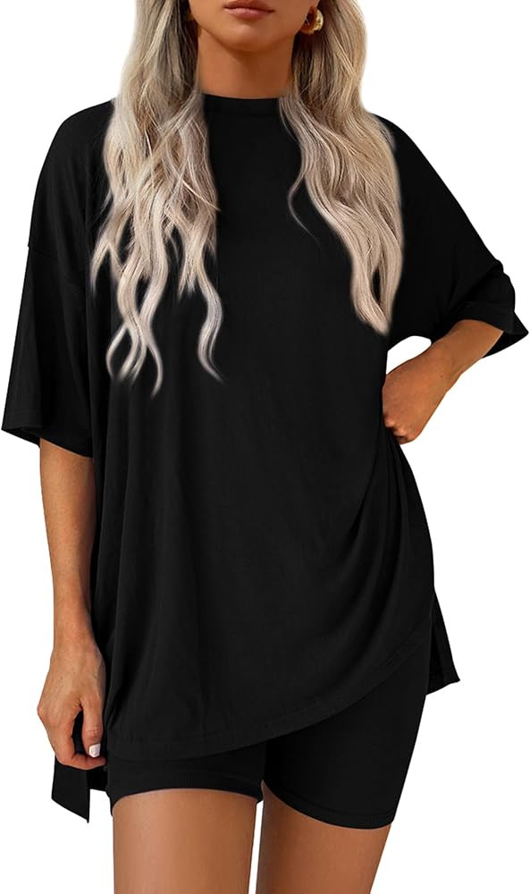 PRETTYGARDEN Women 2 Piece Lounge Set 2026 Summer Casual Oversized Shirts Biker Shorts Matching A... | Amazon (US)