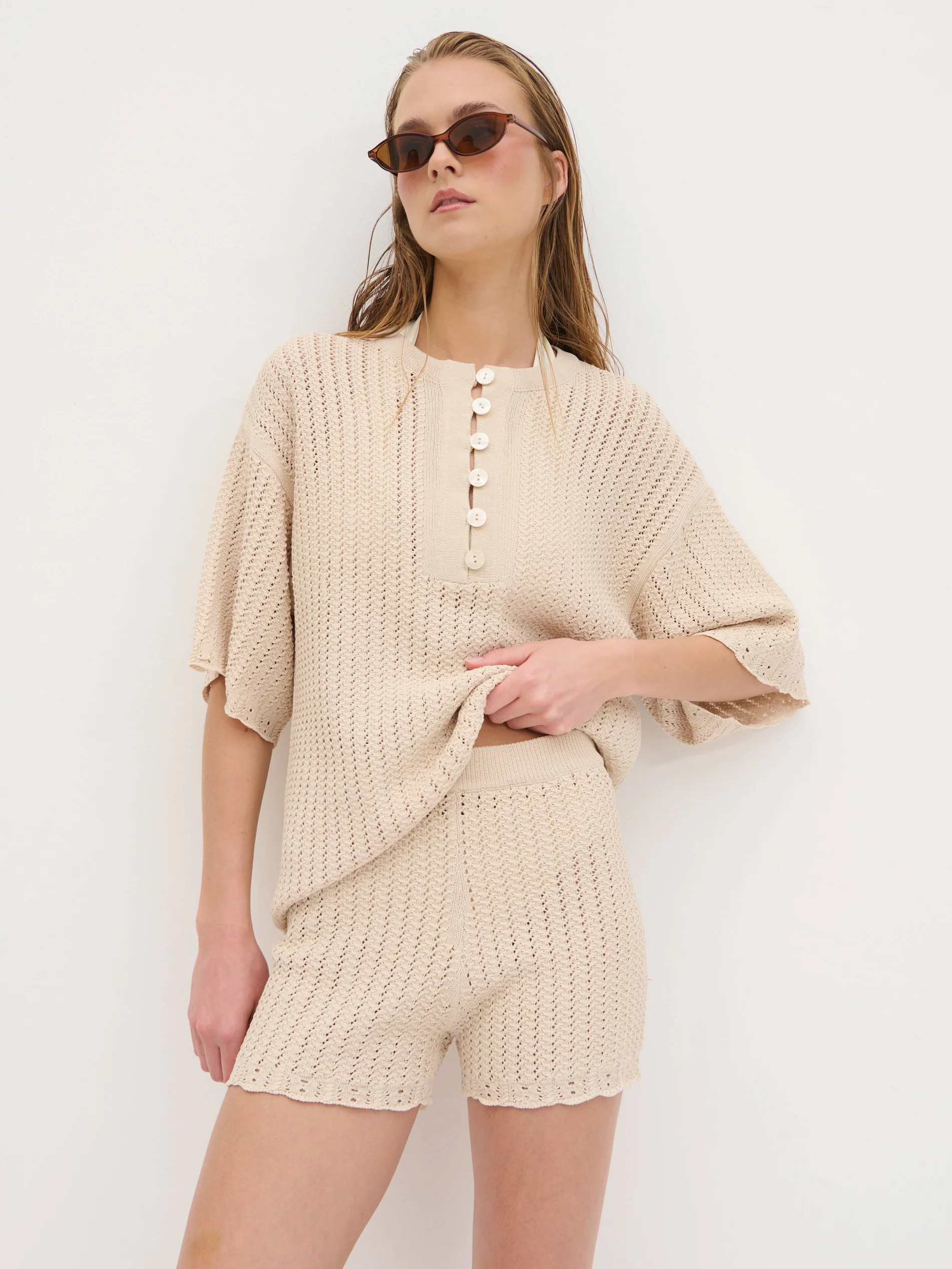 Marina Open Work Knit Shorts - Cream | Pretty Lavish (UK)
