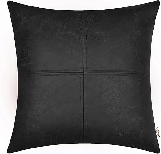 BRAWARM Black Faux Leather Throw Pillow Covers 22 X 22 Inches, Black Throw Pillow Covers, Hand St... | Amazon (US)
