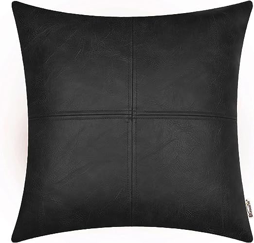 BRAWARM Black Faux Leather Throw Pillow Covers 22 X 22 Inches, Black Throw Pillow Covers, Hand St... | Amazon (US)